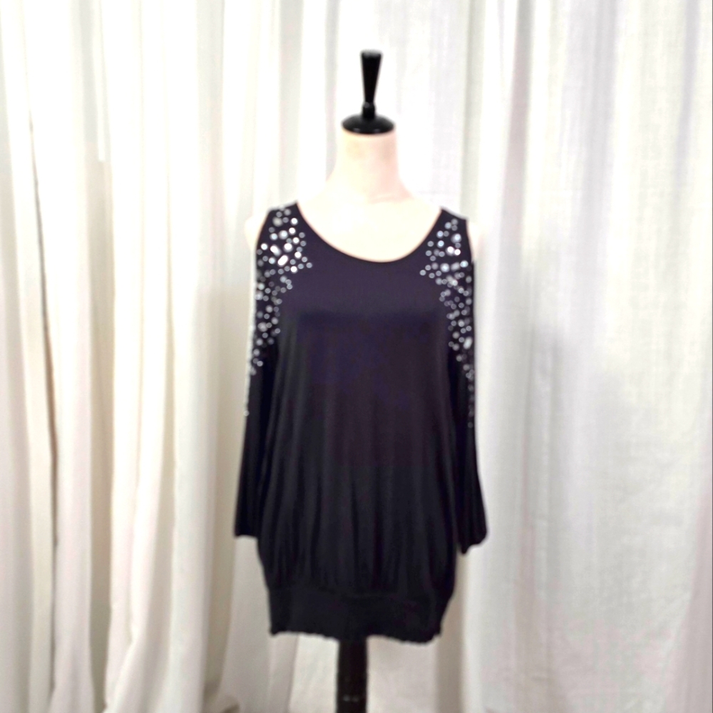 2/$30 INC Blackβ Rayon Cold Shoulder Womens Top Size L Rhinestone Details